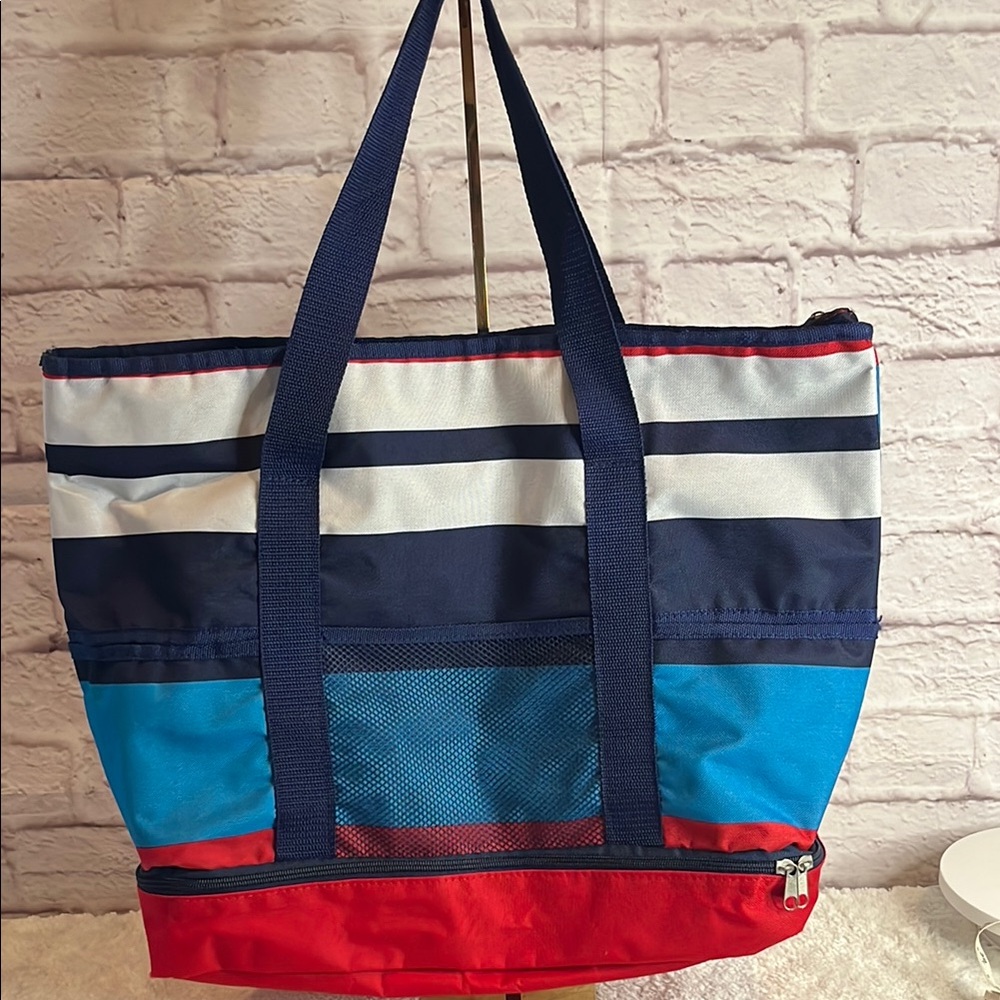Striped Insulated Tote Bag in Red, Blue, and White